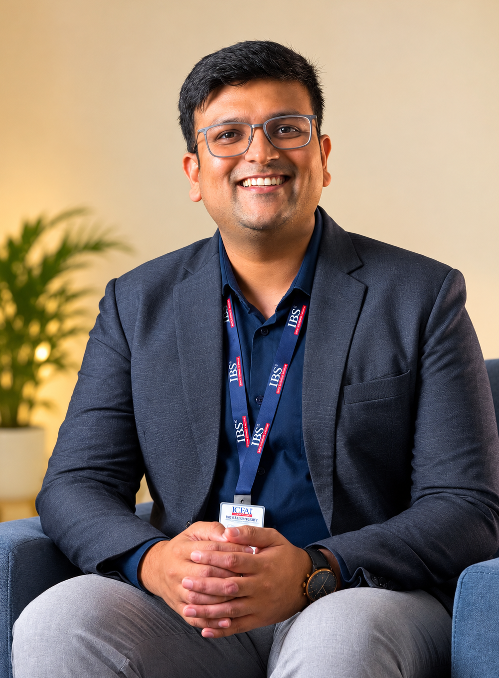 Dr. Vinay Khandelwal standing in a navy suit and burgundy tie